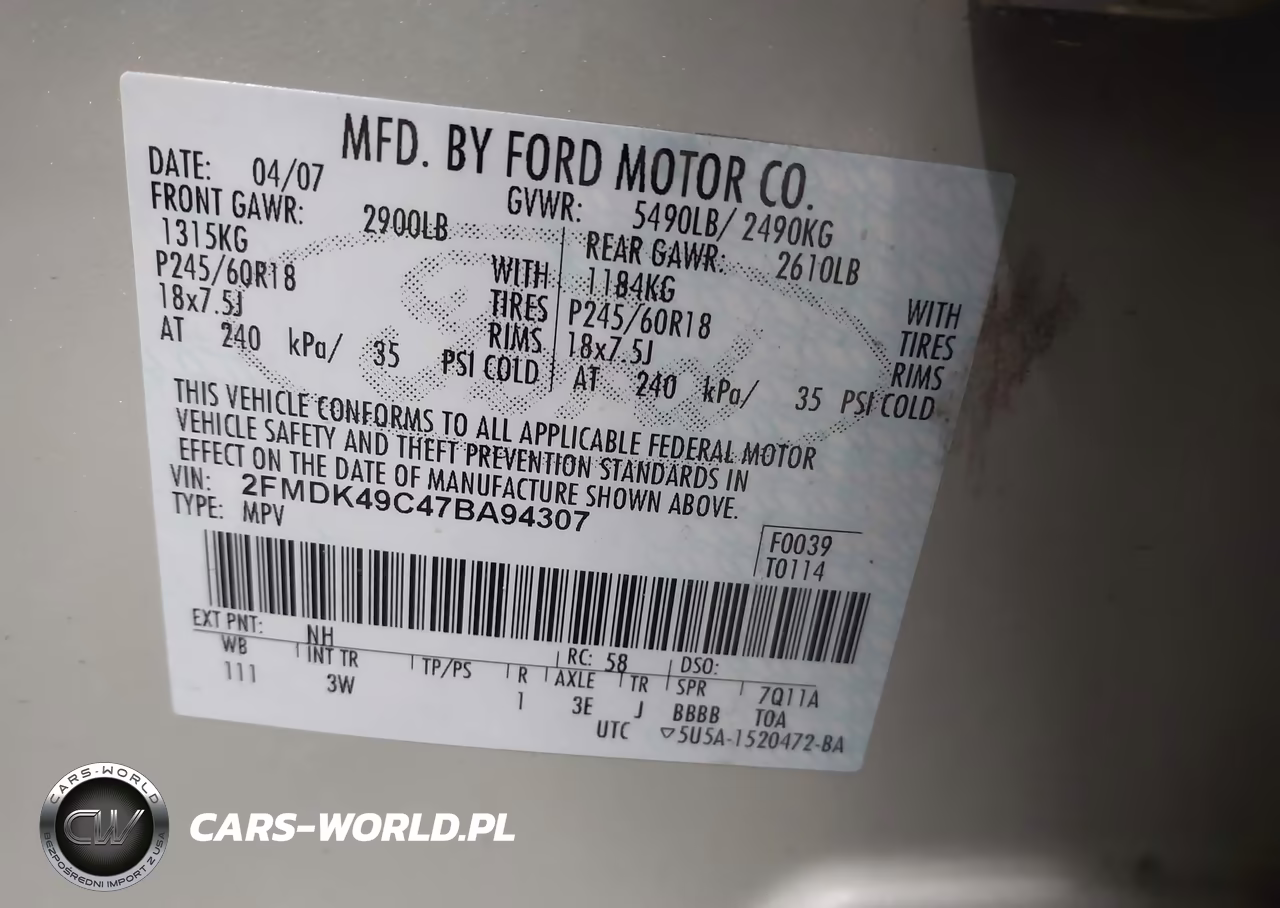 2007 Ford Edge Sel Plus VIN:2FMDK49C47BA94307 - 9