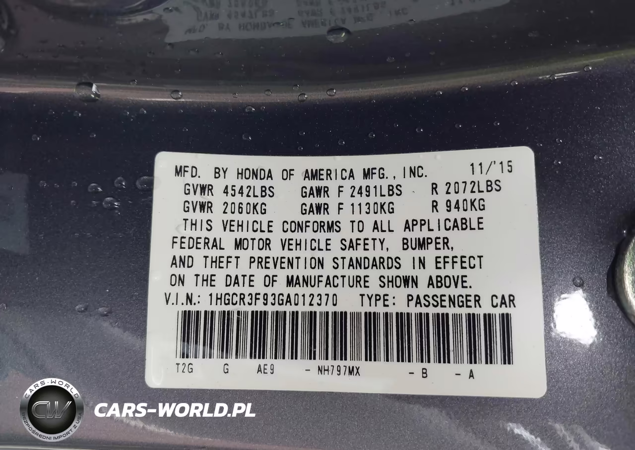 2016 Honda Accord Touring VIN:1HGCR3F93GA012370 - 9