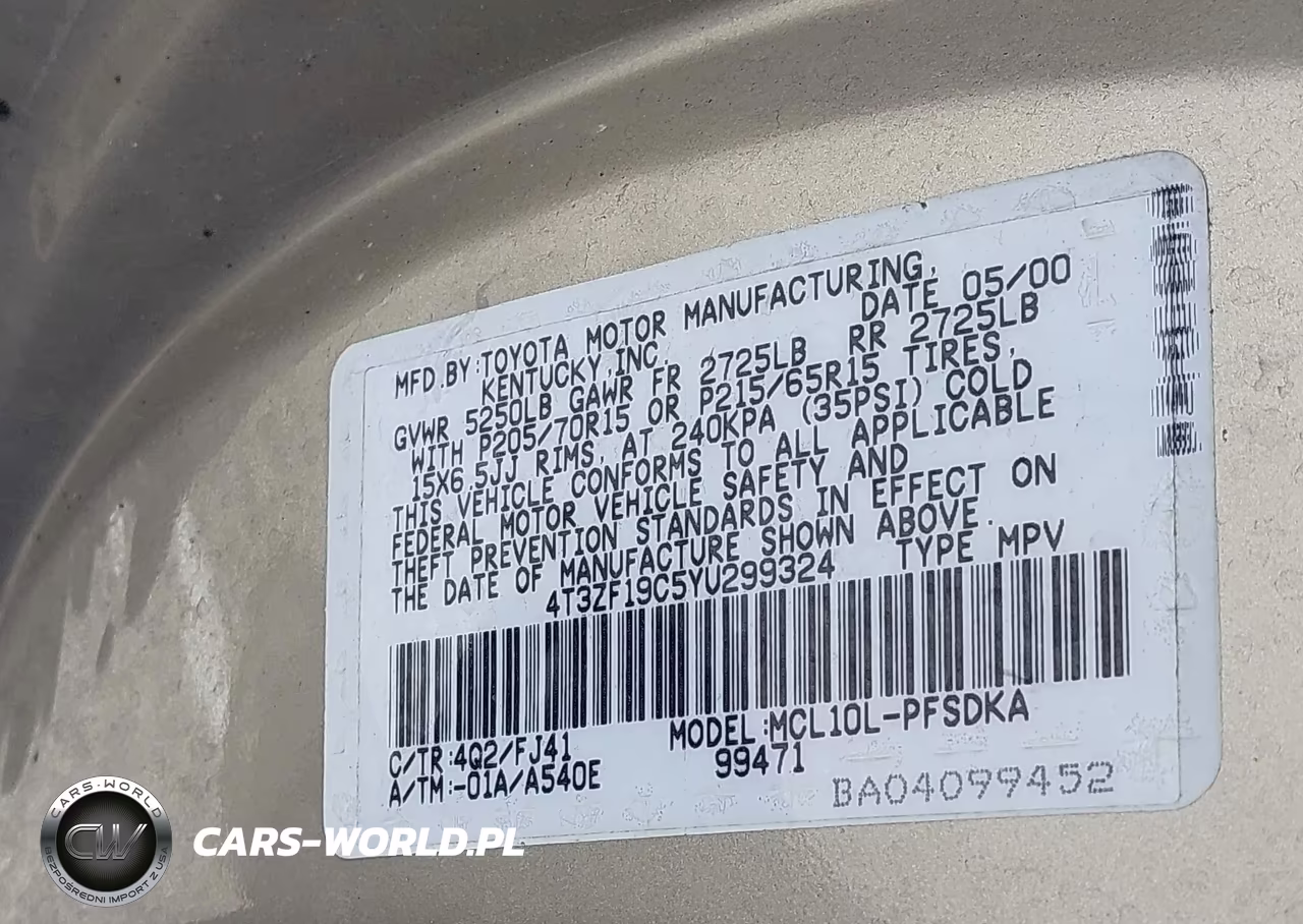 2000 Toyota Sienna Ce VIN:4T3ZF19C5YU299324 - 9