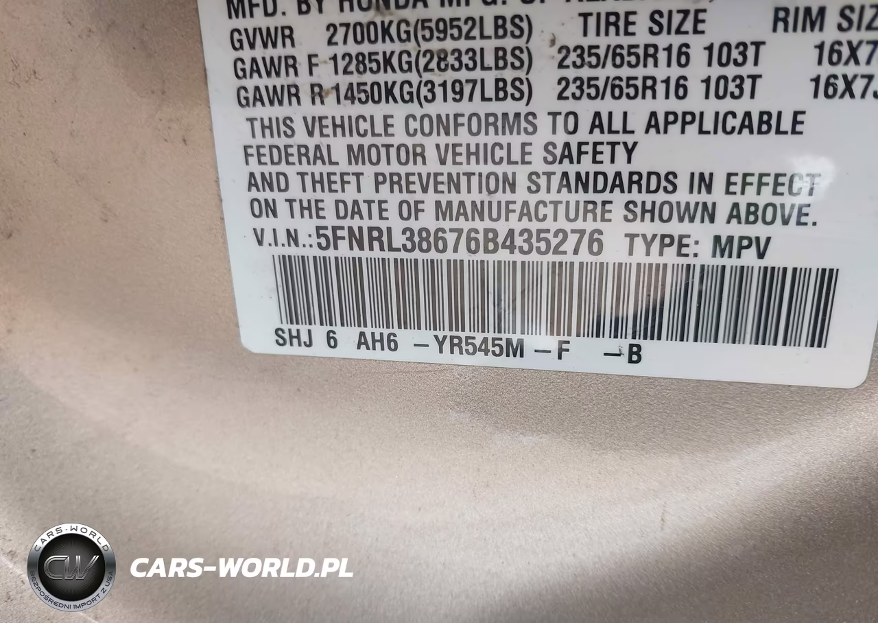 2006 Honda Odyssey Ex-L VIN:5FNRL38676B435276 - 9