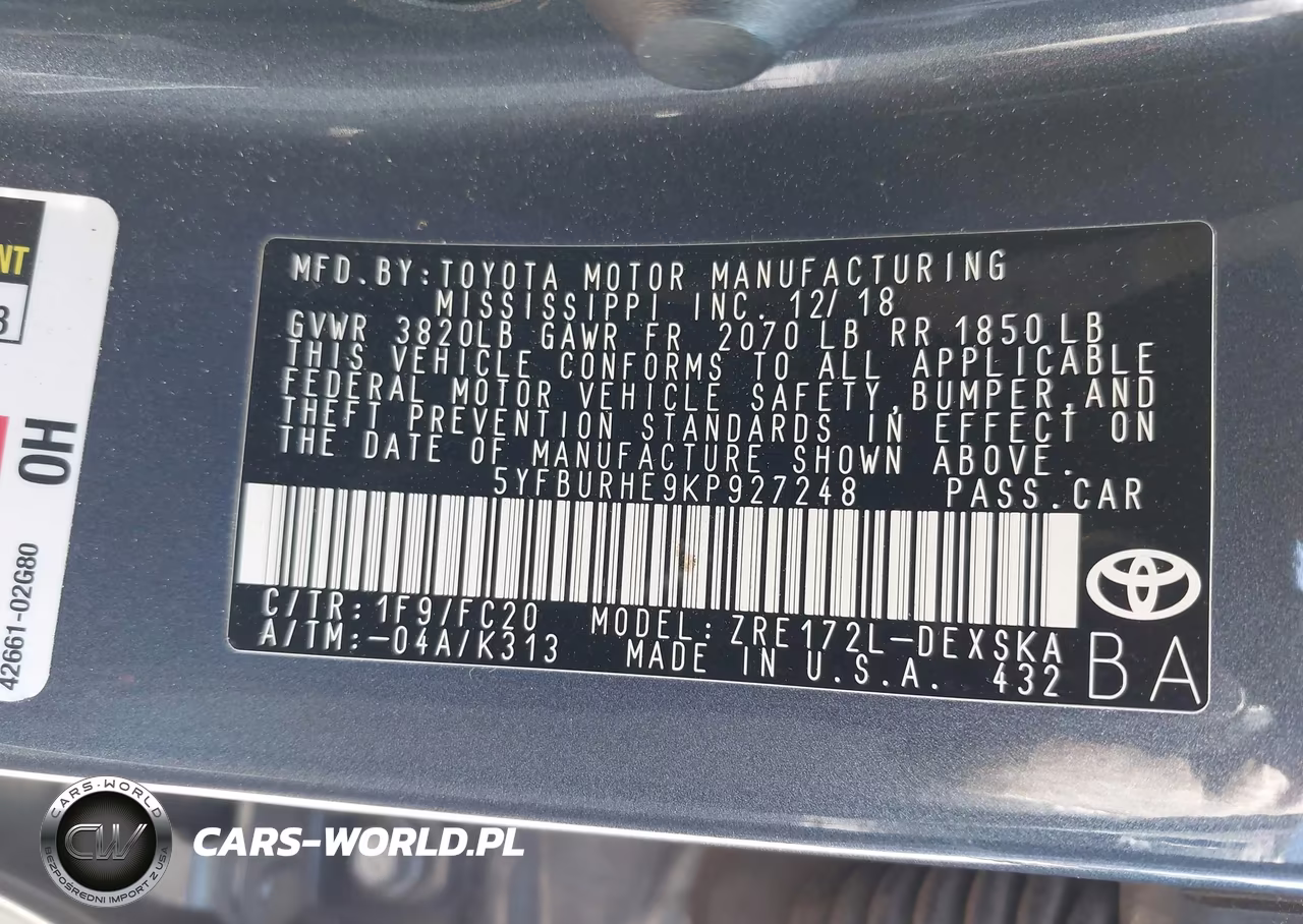 2019 Toyota Corolla Se VIN:5YFBURHE9KP927248 - 9