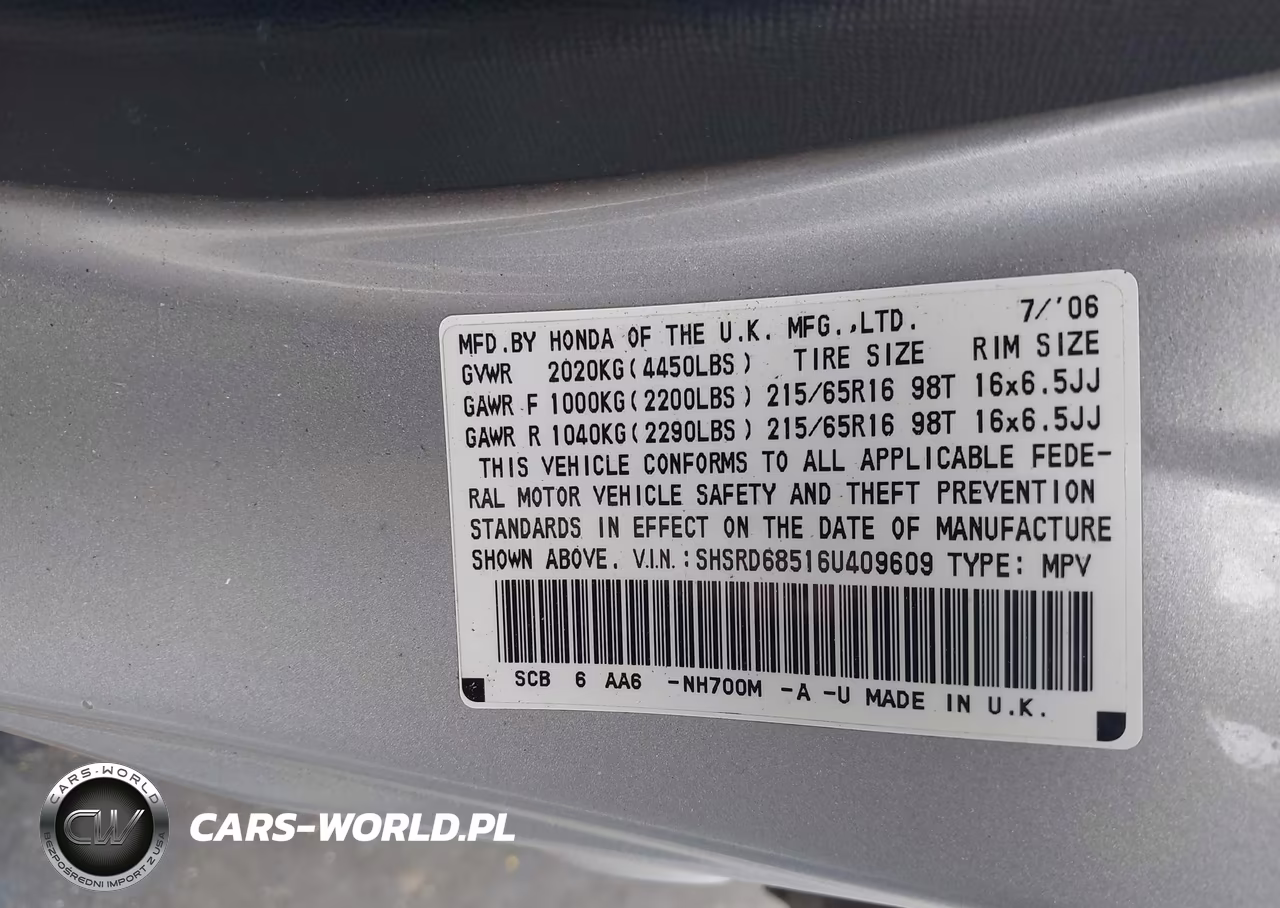 2006 Honda Cr-V Lx VIN:SHSRD68516U409609 - 9