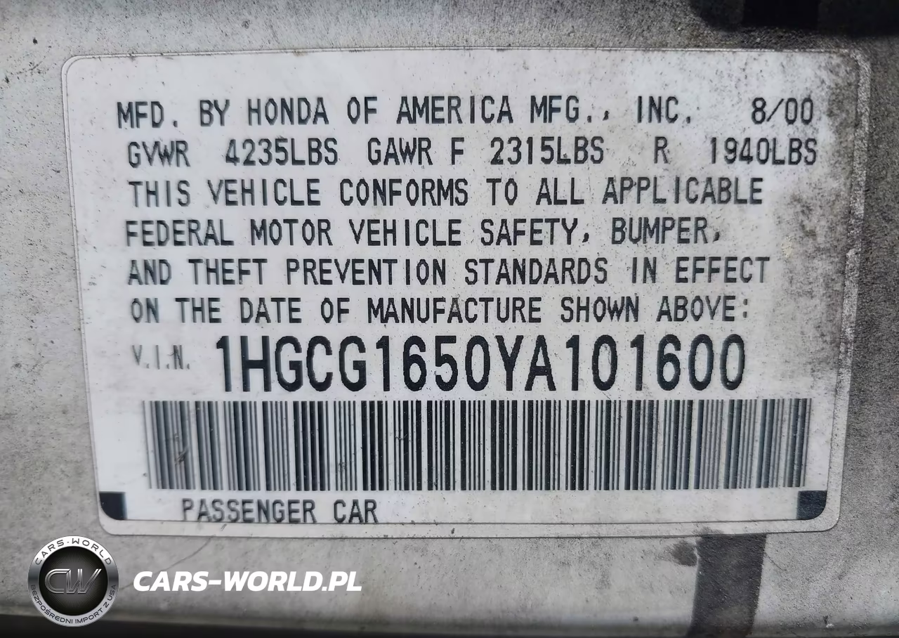 2000 Honda Accord 3.0 Ex VIN:1HGCG1650YA101600 - 9