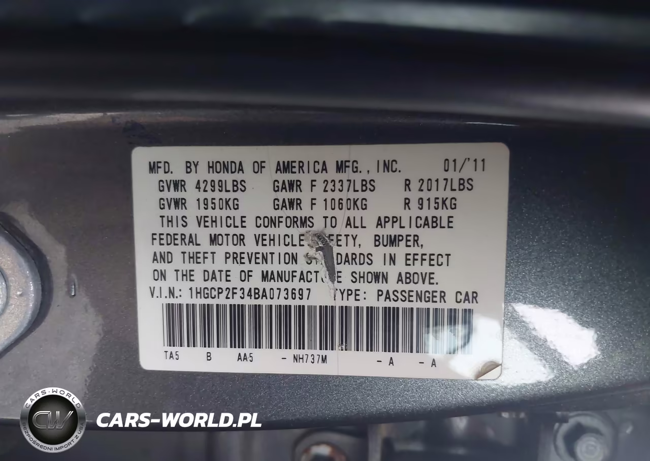 2011 Honda Accord 2.4 Lx VIN:1HGCP2F34BA073697 - 9
