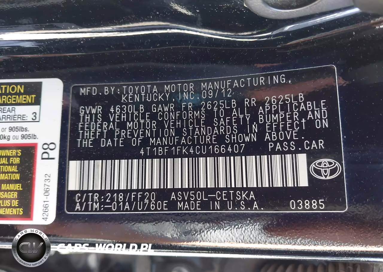 2012 Toyota Camry Se Limited Edition VIN:4T1BF1FK4CU166407 - 9