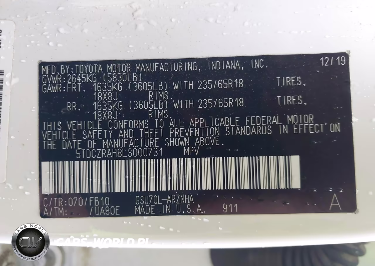 2020 Toyota Highlander L VIN:5TDCZRAH8LS000731 - 9