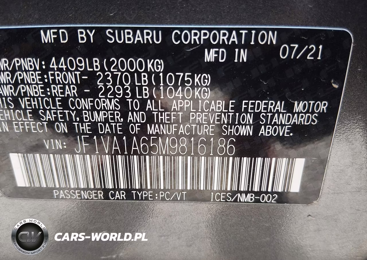 2021 Subaru Wrx VIN:JF1VA1A65M9816186 - 9