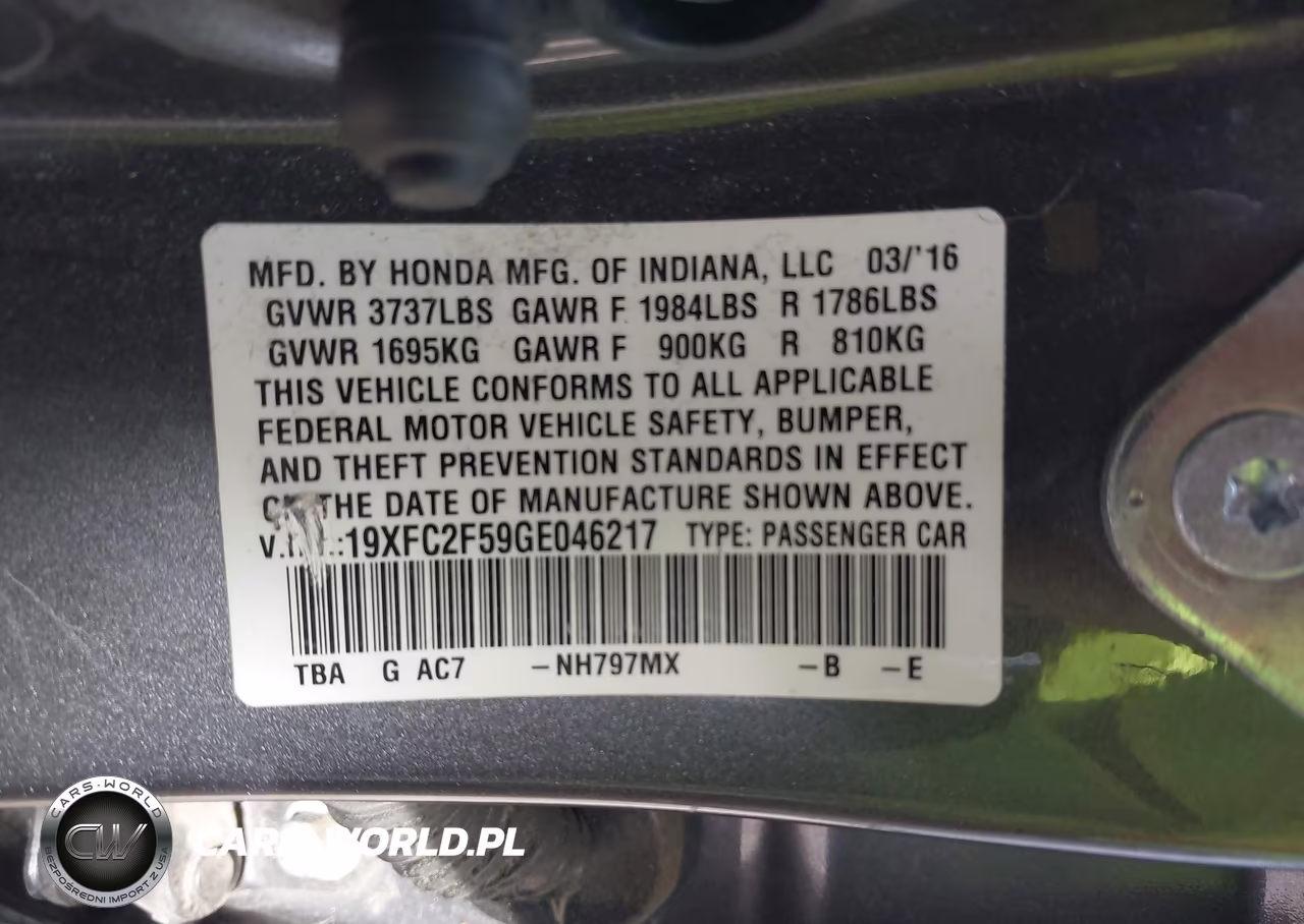 2016 Honda Civic Lx VIN:19XFC2F59GE046217 - 9
