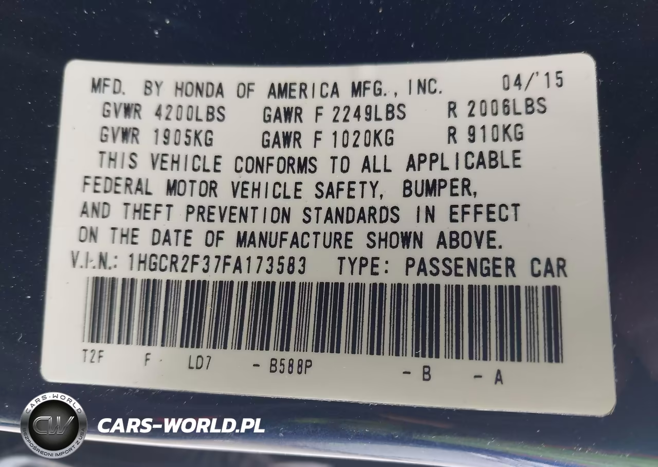 2015 Honda Accord Lx VIN:1HGCR2F37FA173583 - 9