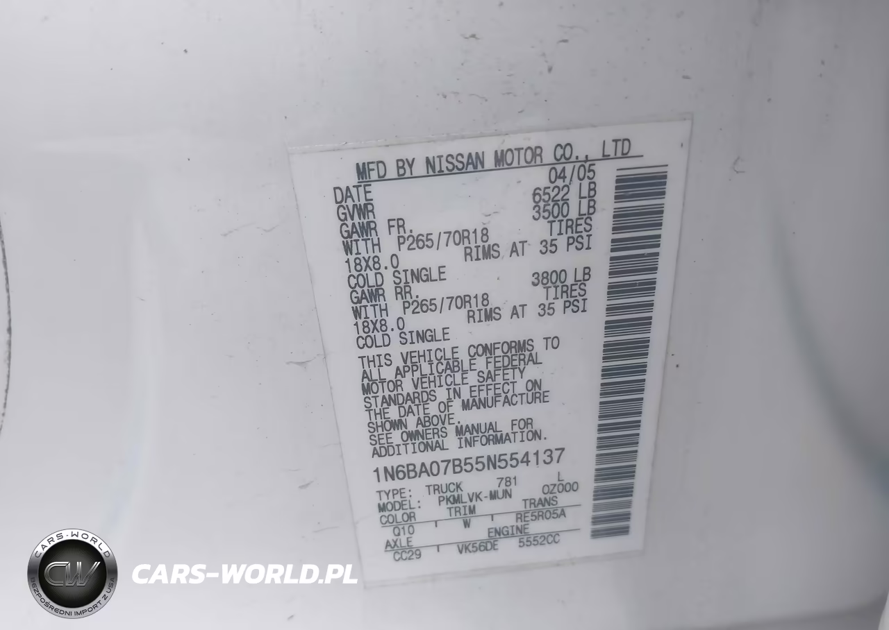 2005 Nissan Titan Le VIN:1N6BA07B55N554137 - 9