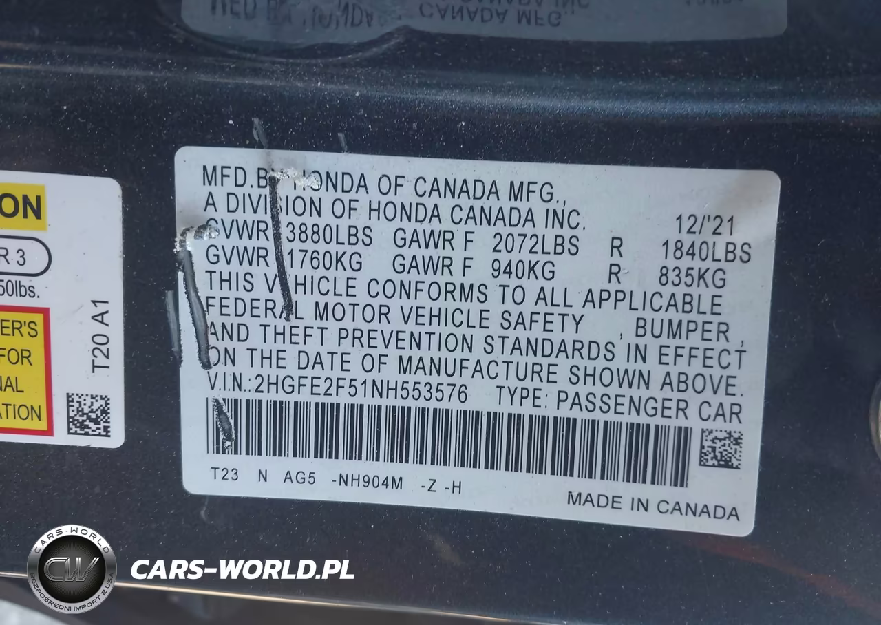 2022 Honda Civic Sport VIN:2HGFE2F51NH553576 - 9