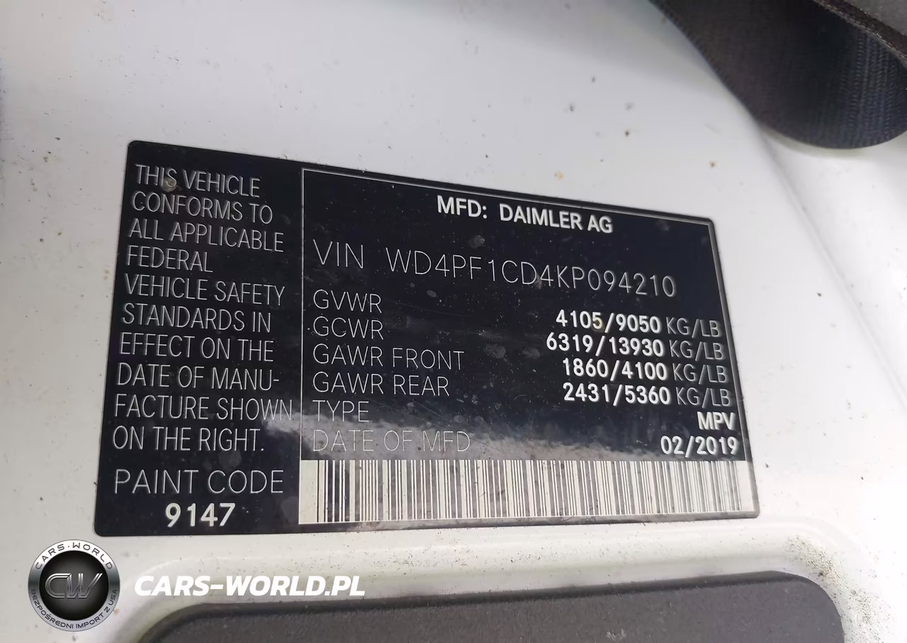 2019 Mercedes-Benz Sprinter 2500 High Roof V6 VIN:WD4PF1CD4KP094210 - 9