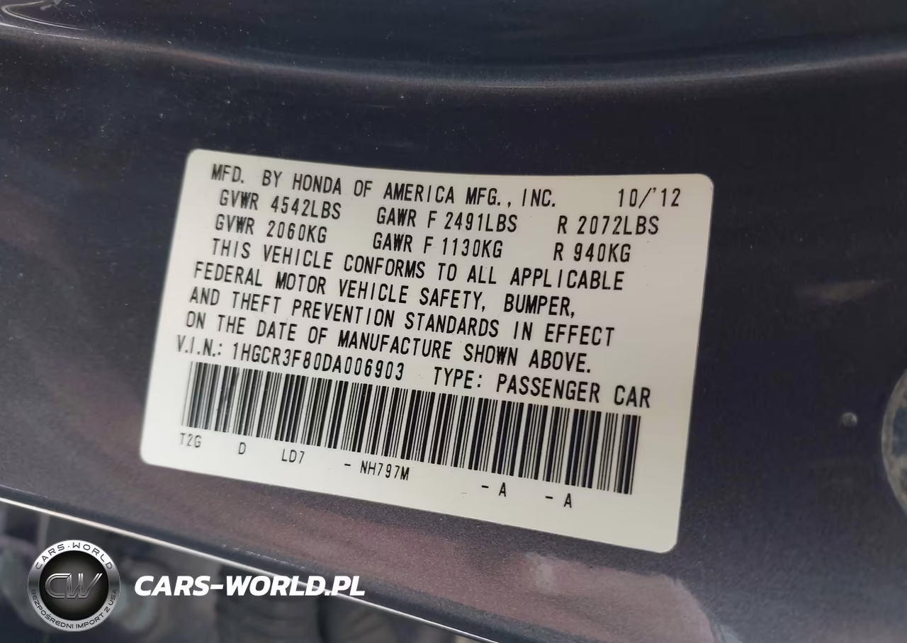 2013 Honda Accord Ex-L V-6 VIN:1HGCR3F80DA006903 - 9