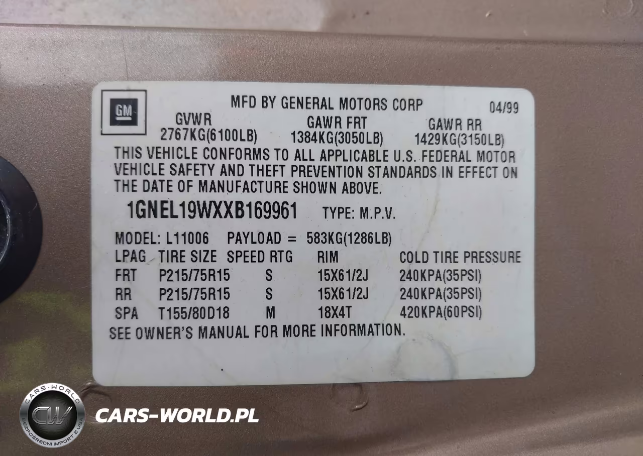 1999 Chevrolet Astro VIN:1GNEL19WXXB169961 - 9