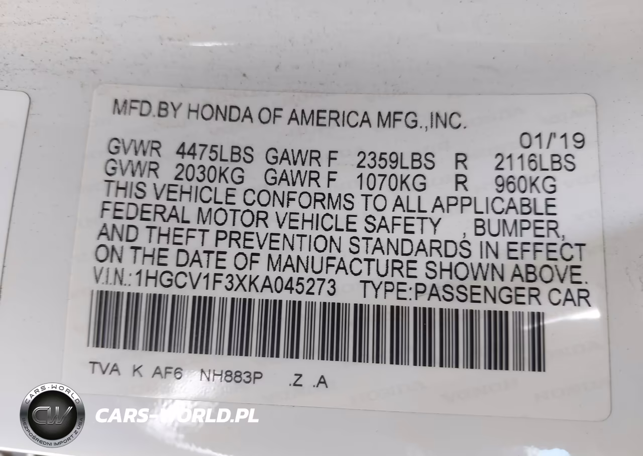 2019 Honda Accord Sport VIN:1HGCV1F3XKA045273 - 9