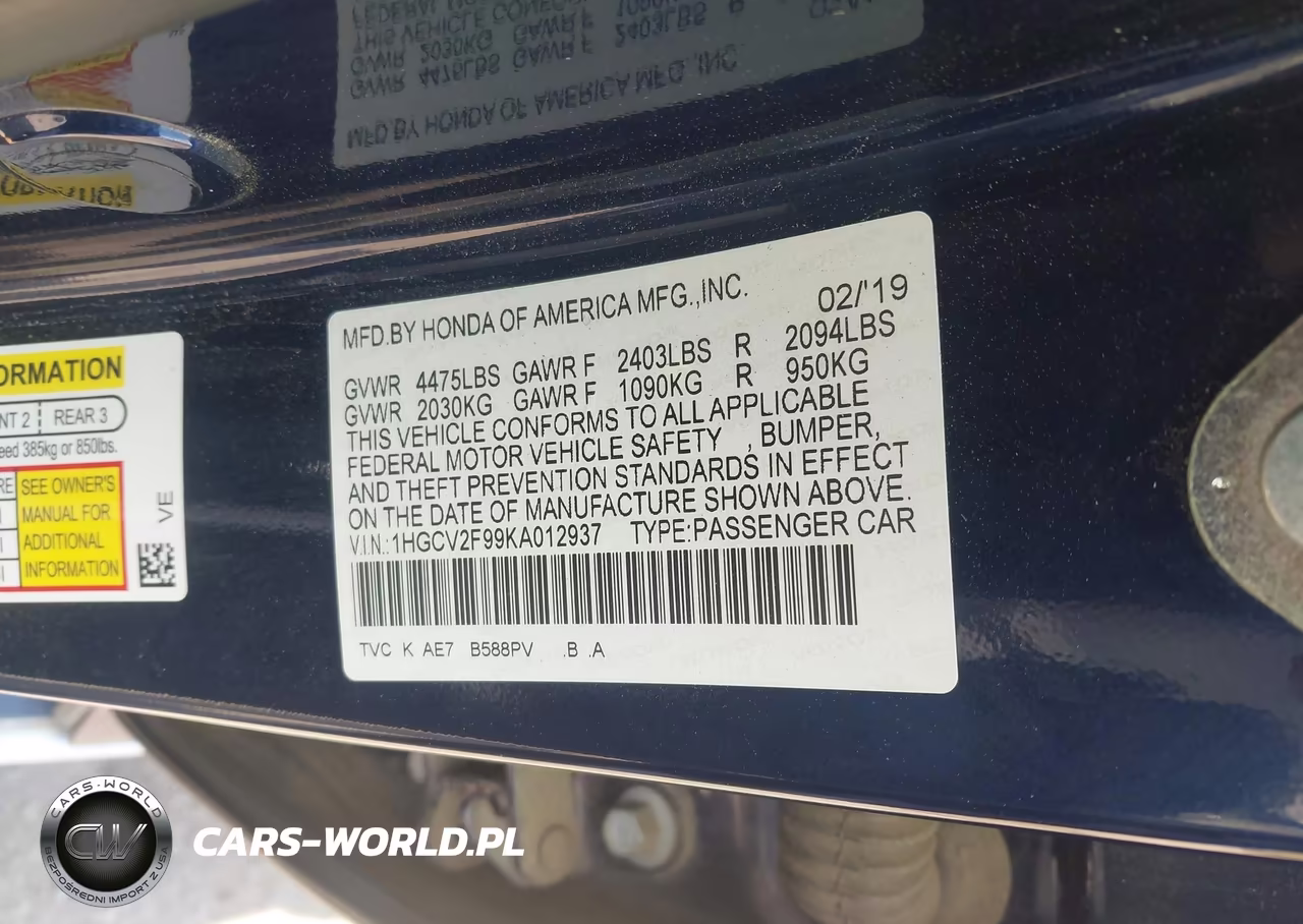 2019 Honda Accord Touring 2.0T VIN:1HGCV2F99KA012937 - 9