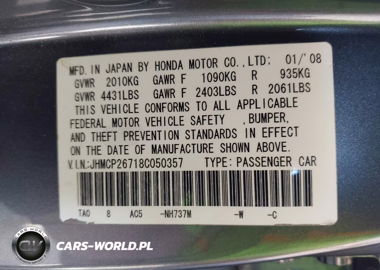 2008 Honda Accord 2.4 Ex VIN:JHMCP26718C050357 - 9