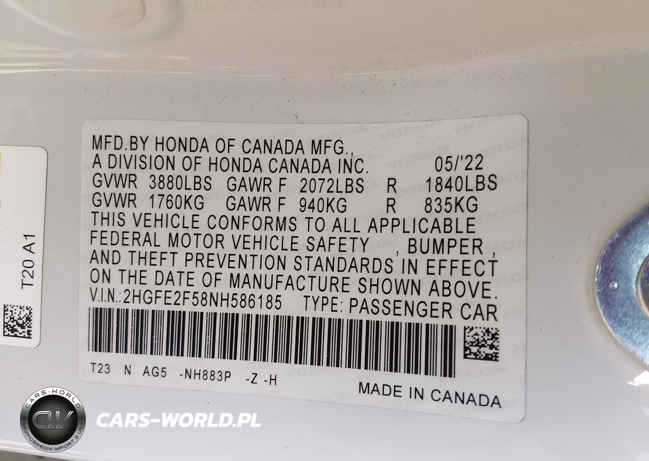 2022 Honda Civic Sport VIN:2HGFE2F58NH586185 - 9