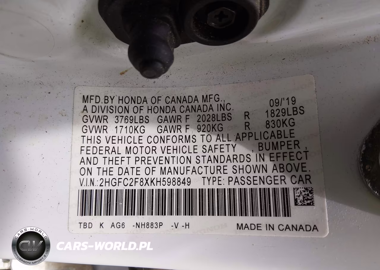 2019 Honda Civic Sport VIN:2HGFC2F8XKH598849 - 9