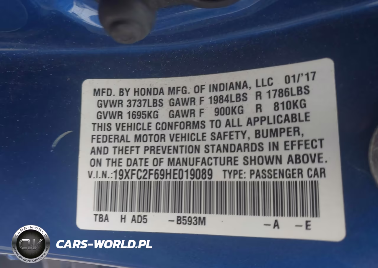 2017 Honda Civic Lx VIN:19XFC2F69HE019089 - 9