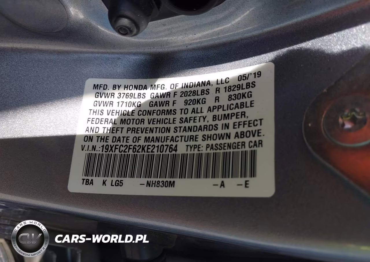 2019 Honda Civic Lx VIN:19XFC2F62KE210764 - 9