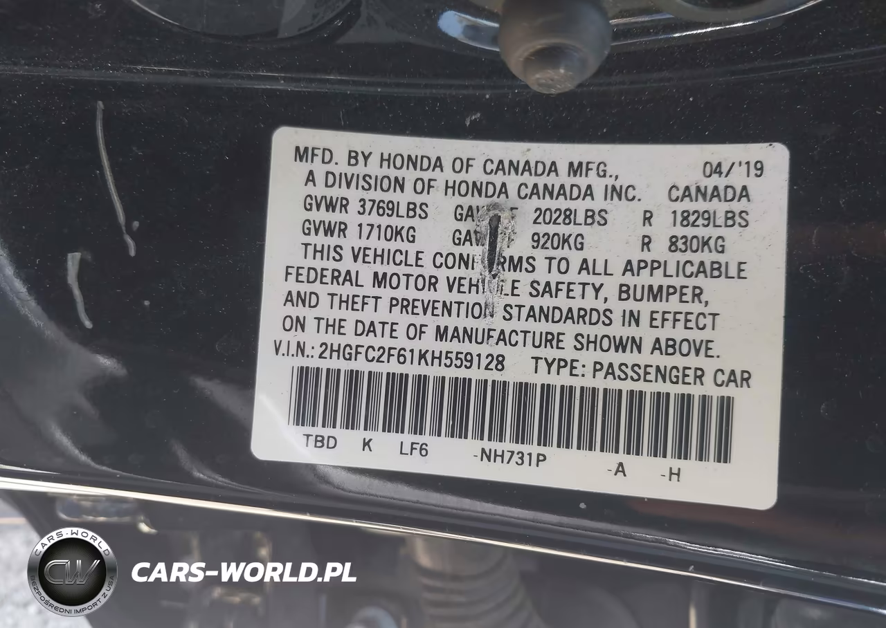 2019 Honda Civic Lx VIN:2HGFC2F61KH559128 - 9