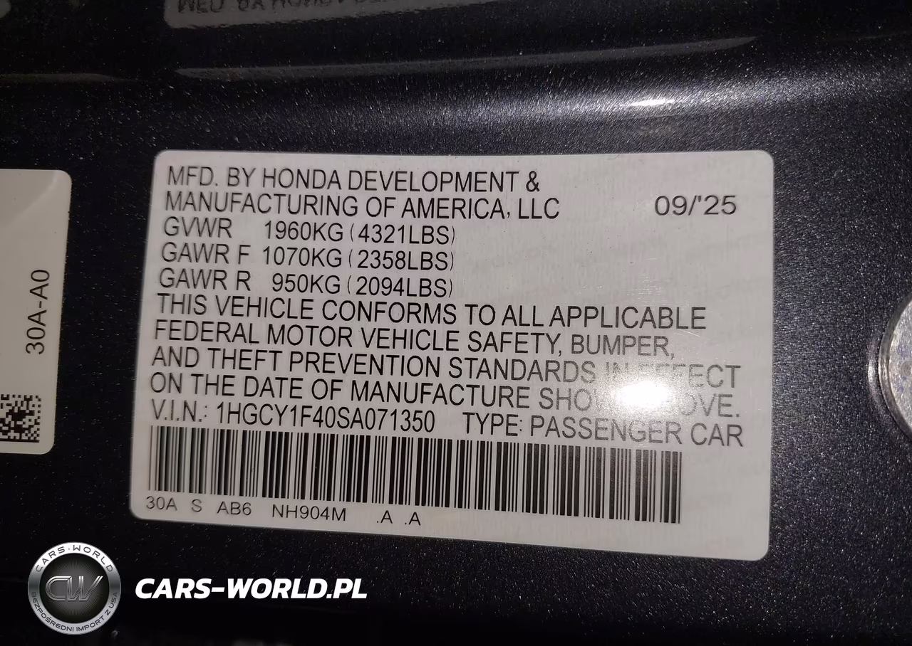 2025 Honda Accord Se VIN:1HGCY1F40SA071350 - 9