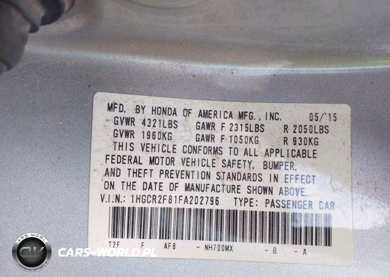 2015 Honda Accord Ex-L VIN:1HGCR2F81FA202796 - 9