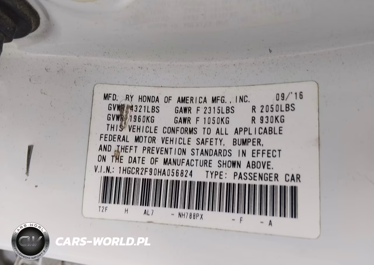 2017 Honda Accord Ex-L VIN:1HGCR2F90HA056824 - 9