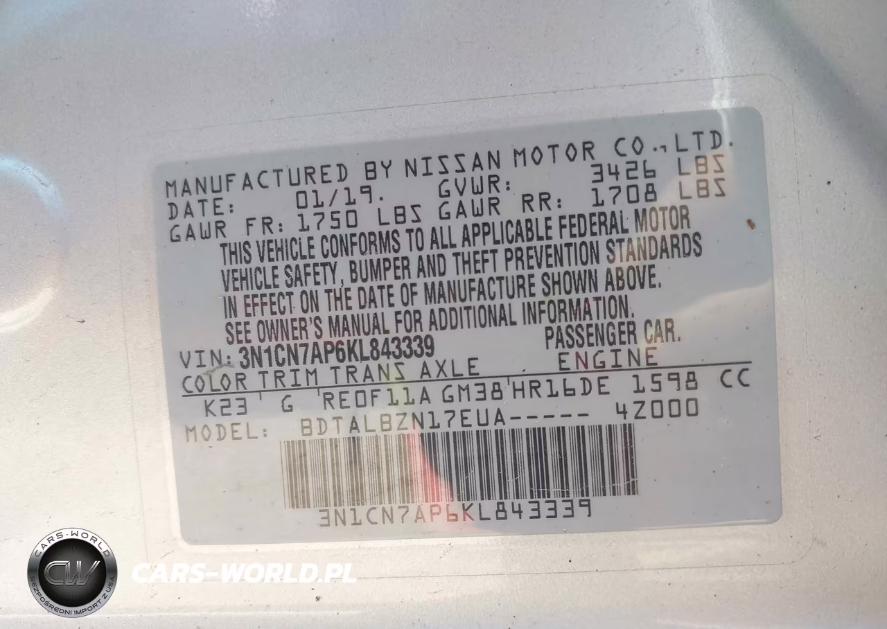 2019 Nissan Versa 1.6 Sv VIN:3N1CN7AP6KL843339 - 9