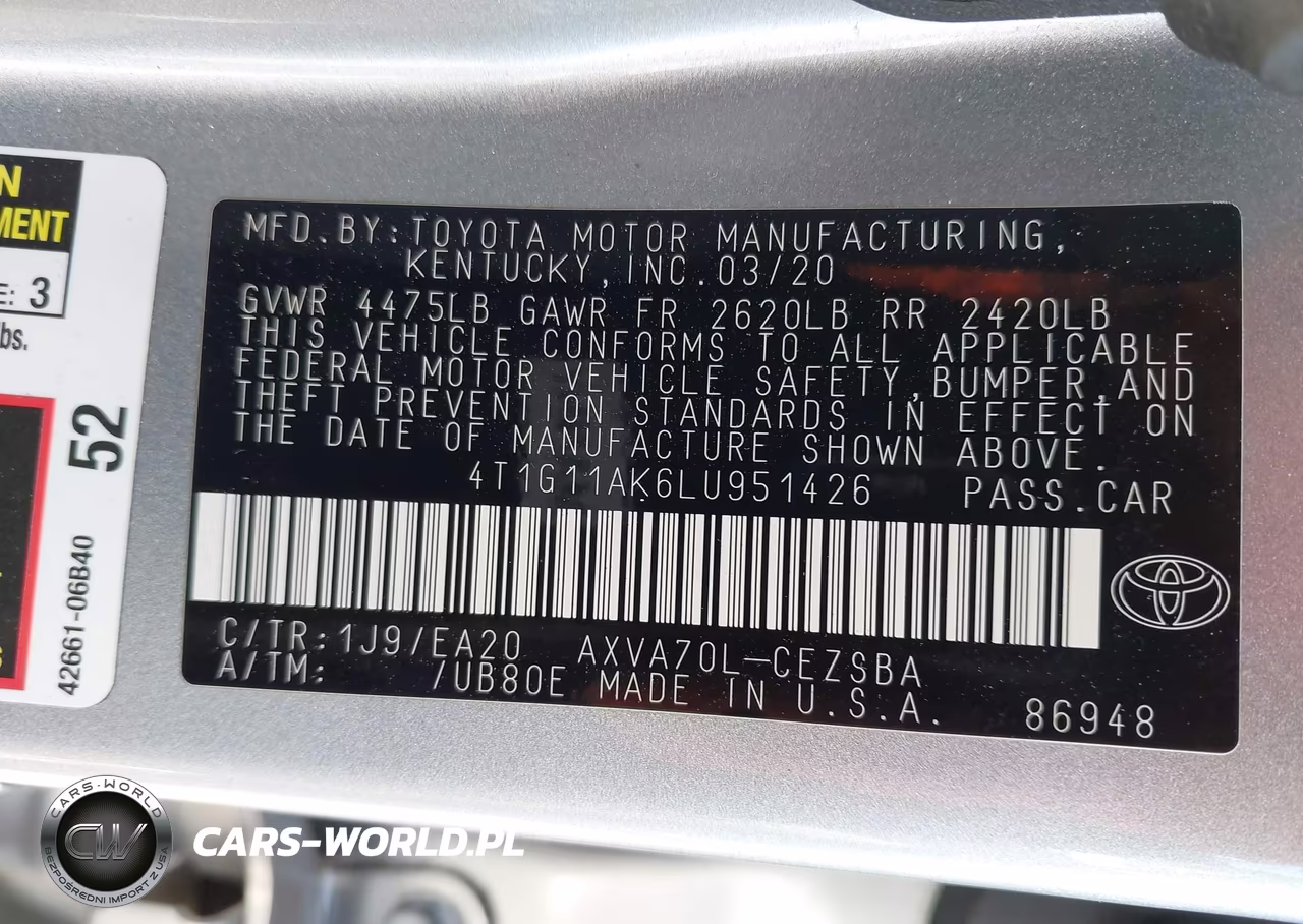 2020 Toyota Camry Se VIN:4T1G11AK6LU951426 - 9