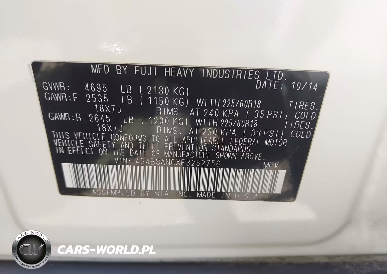 2015 Subaru Outback 2.5I Limited VIN:4S4BSANCXF3252756 - 9