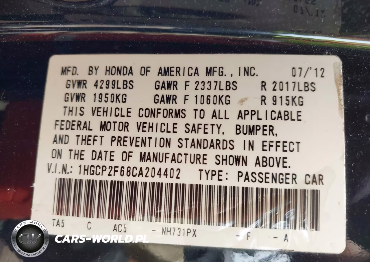 2012 Honda Accord 2.4 Se VIN:1HGCP2F68CA204402 - 9