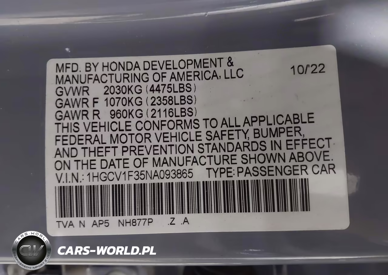 2022 Honda Accord Sport VIN:1HGCV1F35NA093865 - 9