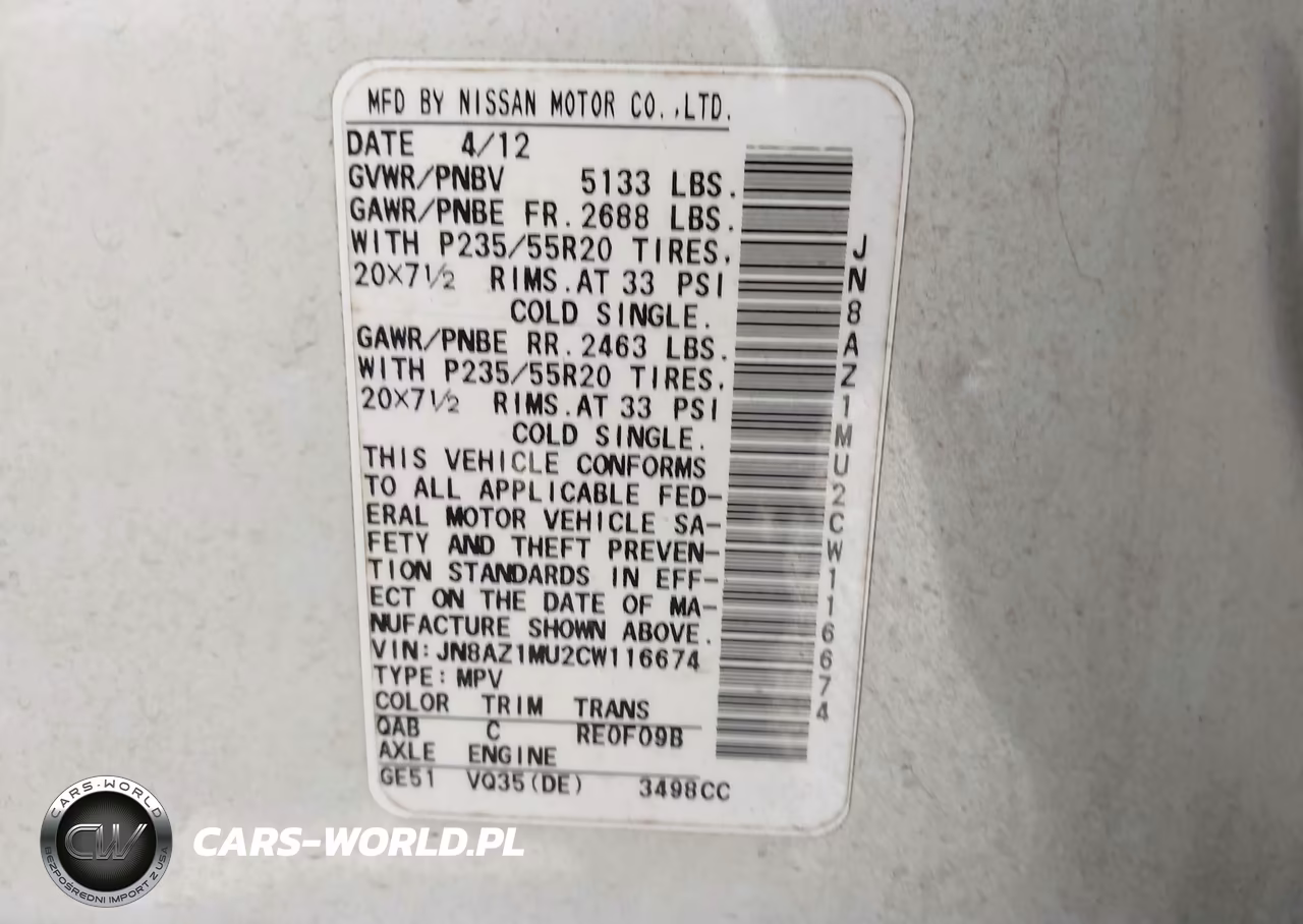 2012 Nissan Murano Le VIN:JN8AZ1MU2CW116674 - 9
