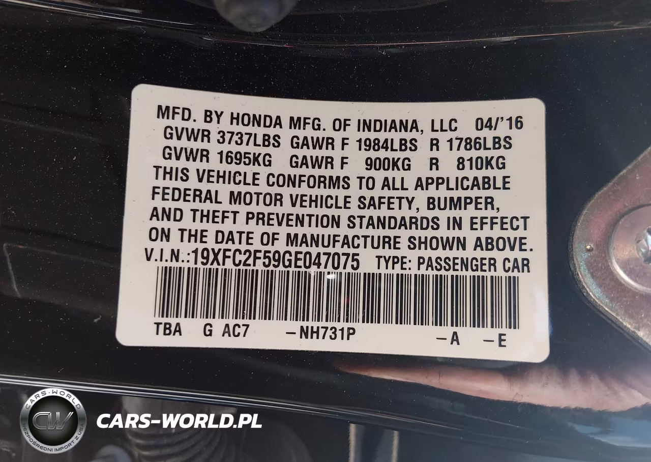 2016 Honda Civic Lx VIN:19XFC2F59GE047075 - 9