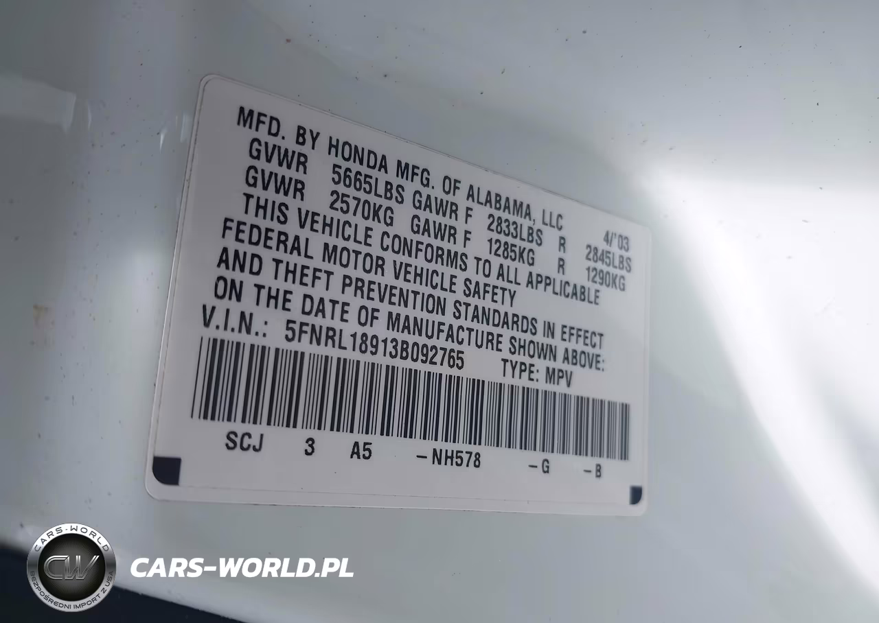 2003 Honda Odyssey Ex-L VIN:5FNRL18913B092765 - 9