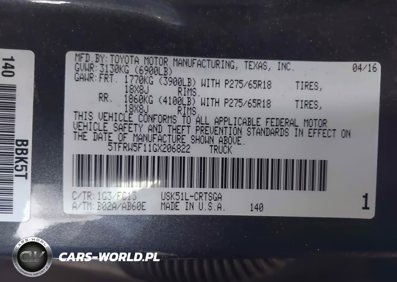 2016 Toyota Tundra Sr5 5.7L V8 VIN:5TFRW5F11GX206822 - 9