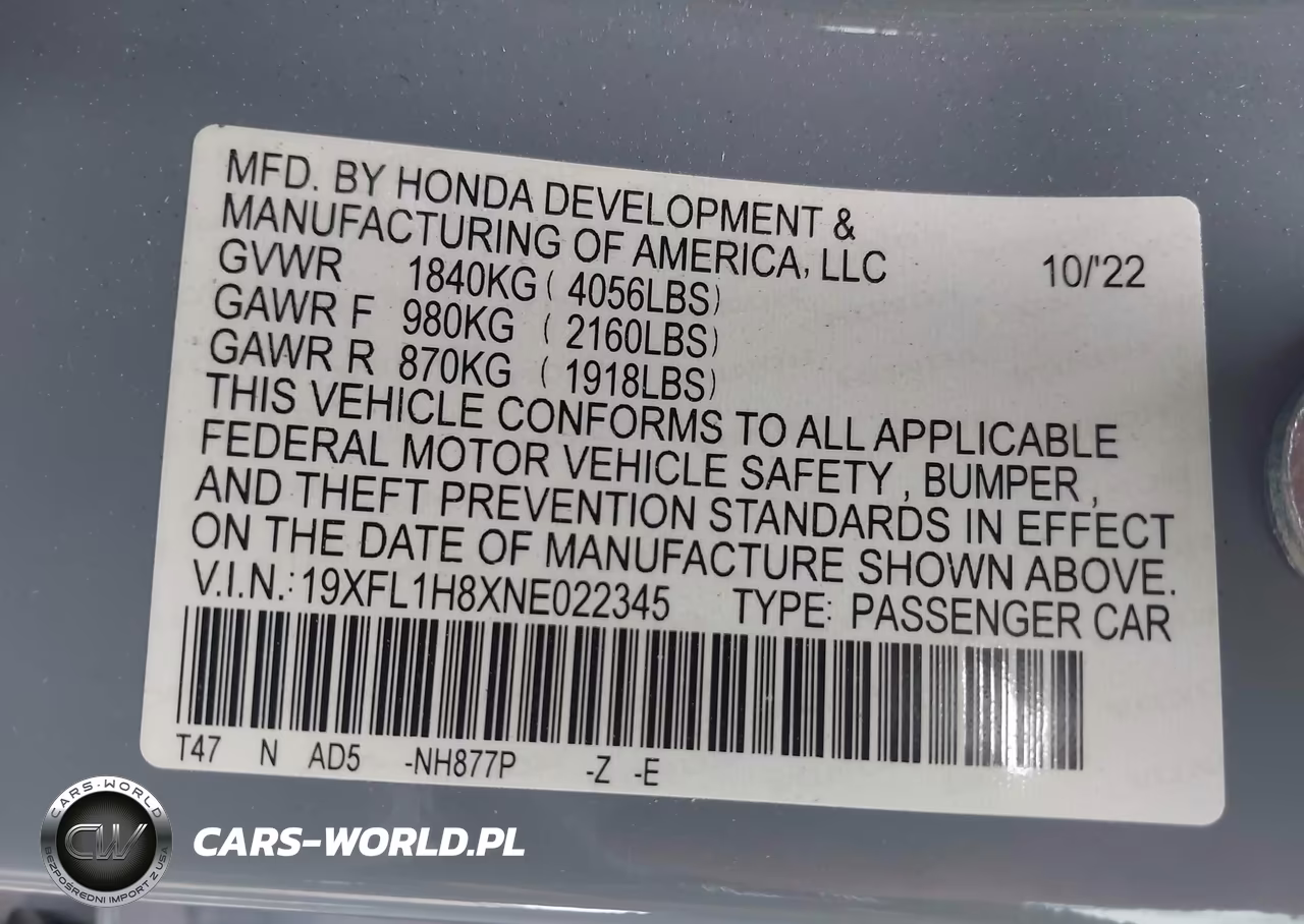 2022 Honda Civic Sport Touring VIN:19XFL1H8XNE022345 - 9