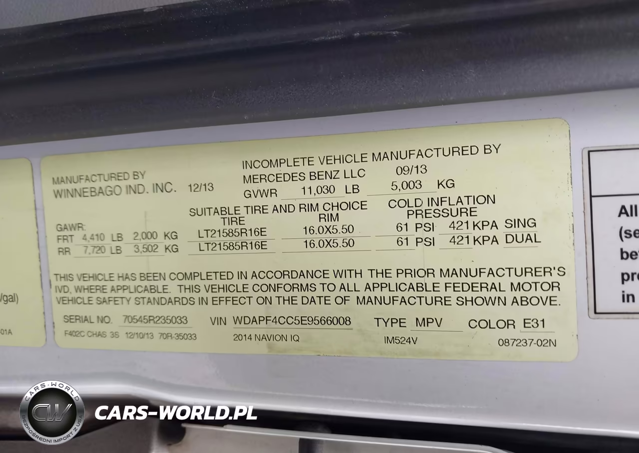 2014 Mercedes-Benz Sprinter 3500 VIN:WDAPF4CC5E9566008 - 8