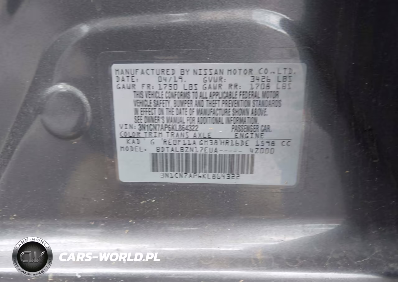 2019 Nissan Versa 1.6 Sv VIN:3N1CN7AP6KL864322 - 9