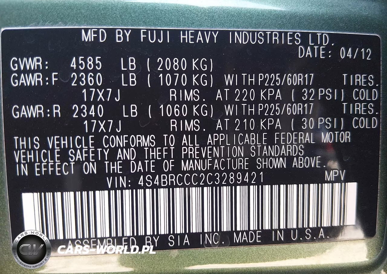 2012 Subaru Outback 2.5I Premium VIN:4S4BRCCC2C3289421 - 9