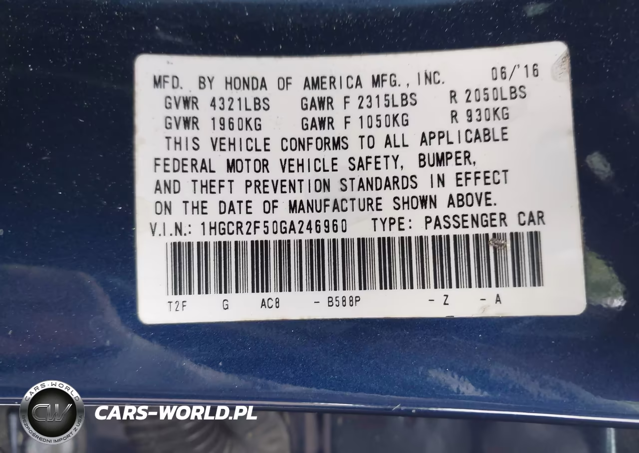2016 Honda Accord Sport VIN:1HGCR2F50GA246960 - 9