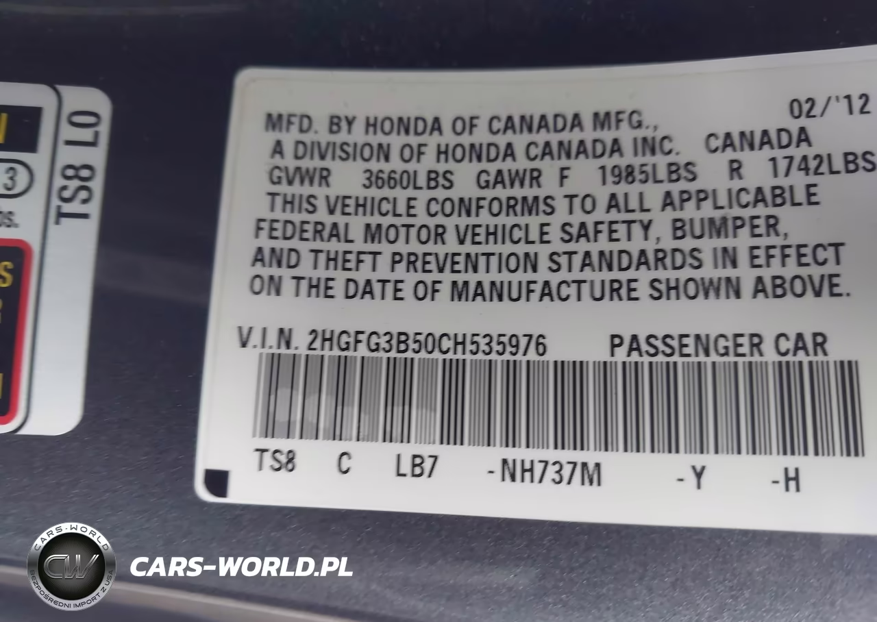 2012 Honda Civic Lx VIN:2HGFG3B50CH535976 - 9