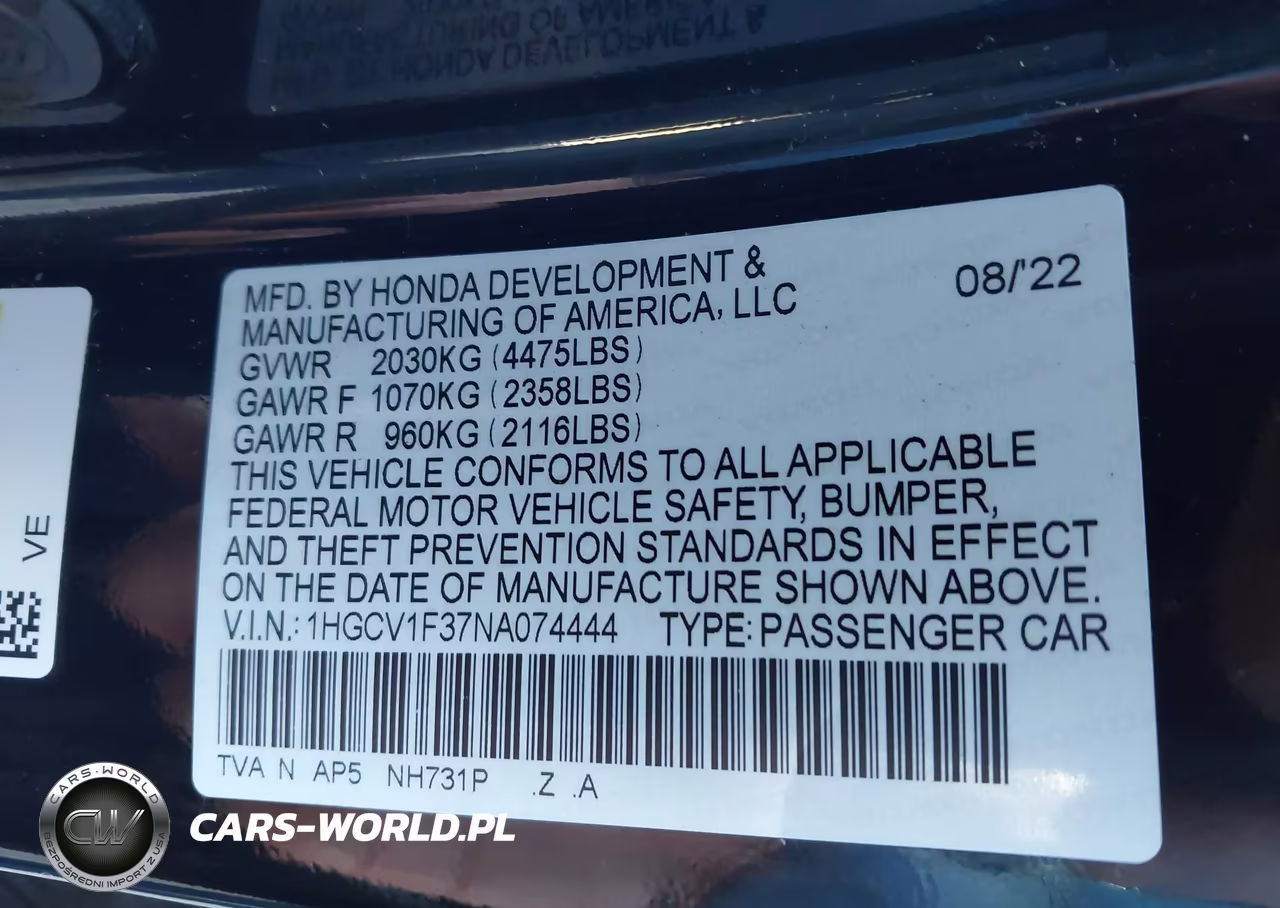 2022 Honda Accord Sport VIN:1HGCV1F37NA074444 - 9