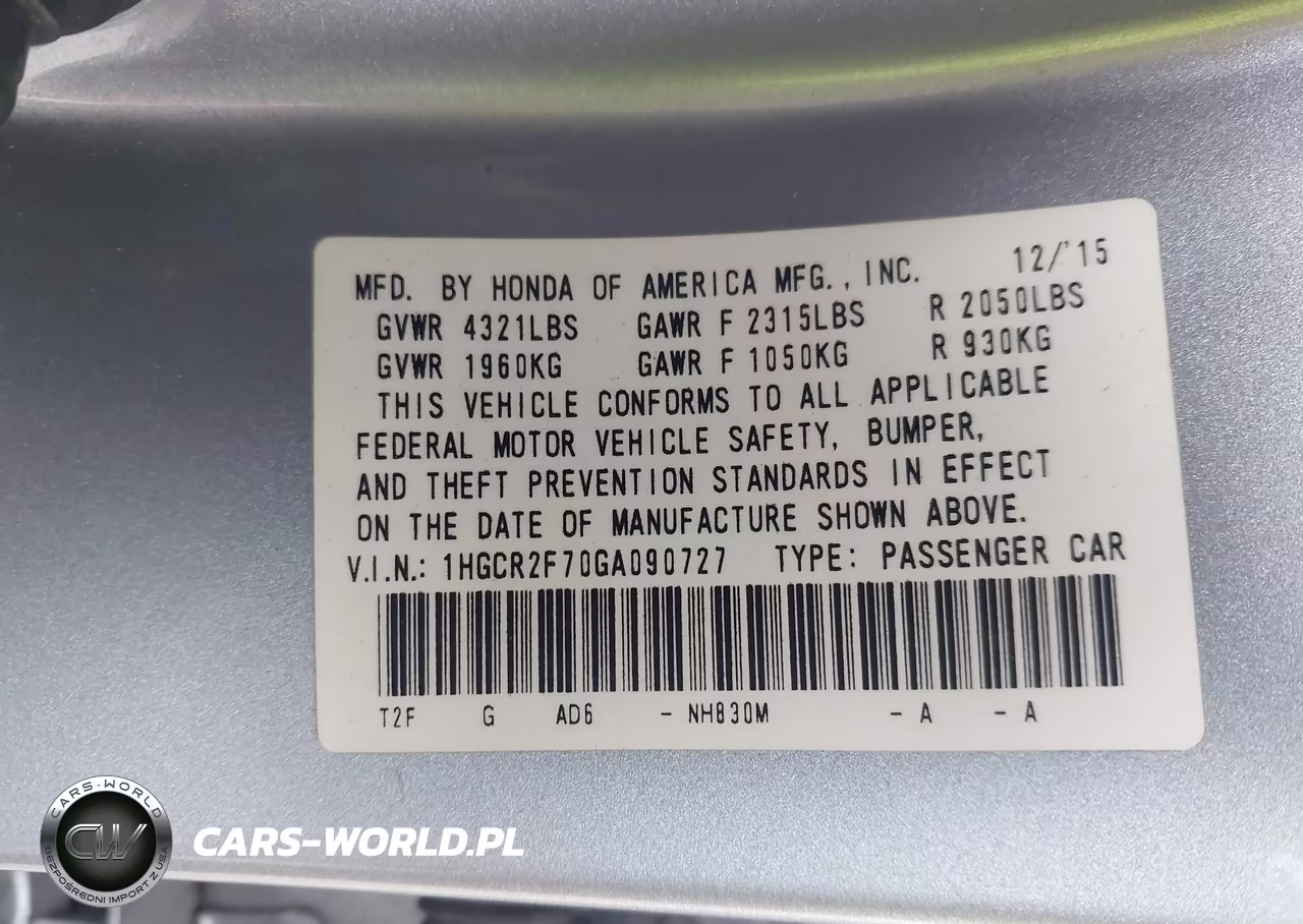2016 Honda Accord Ex VIN:1HGCR2F70GA090727 - 9