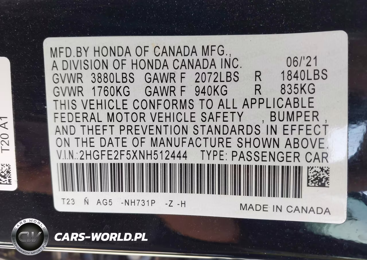 2022 Honda Civic Sport VIN:2HGFE2F5XNH512444 - 9