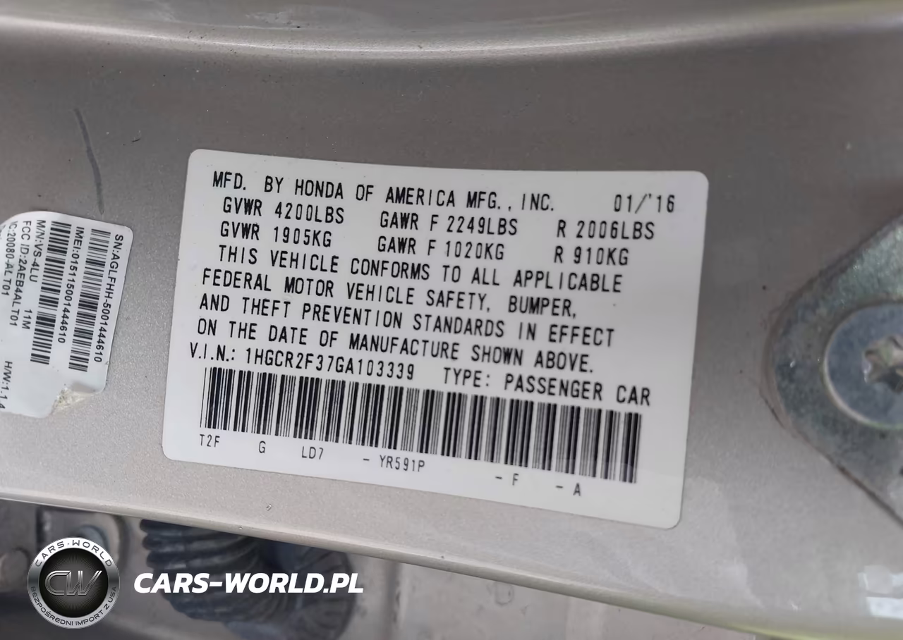 2016 Honda Accord Lx VIN:1HGCR2F37GA103339 - 9