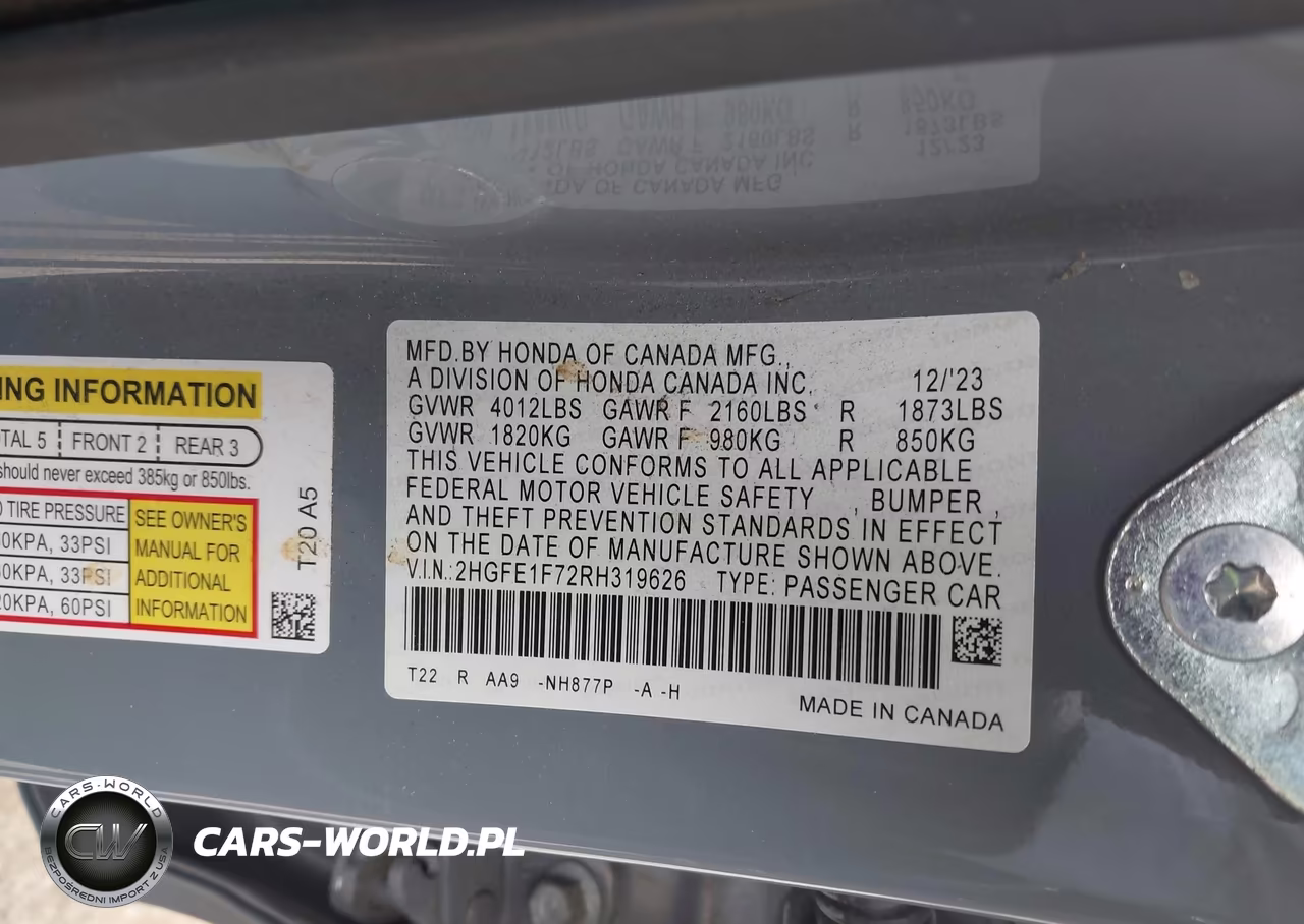 2024 Honda Civic Ex VIN:2HGFE1F72RH319626 - 9