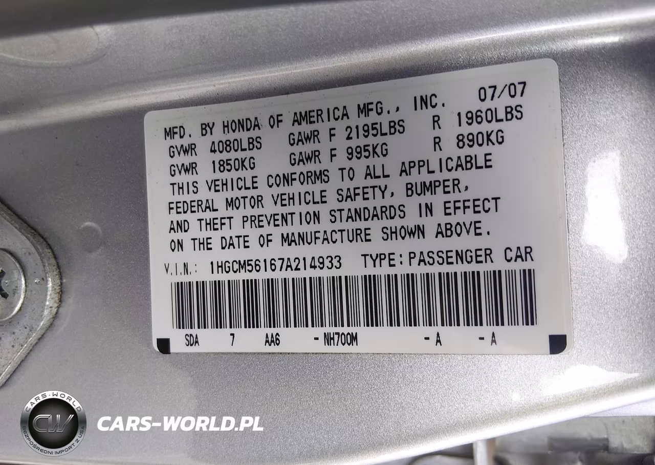2007 Honda Accord 2.4 Vp VIN:1HGCM56167A214933 - 9